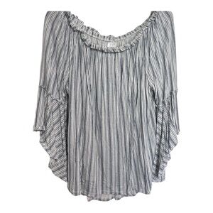 Time and Tru Blue White Striped Off Shoulder Bell Sleeve Top L